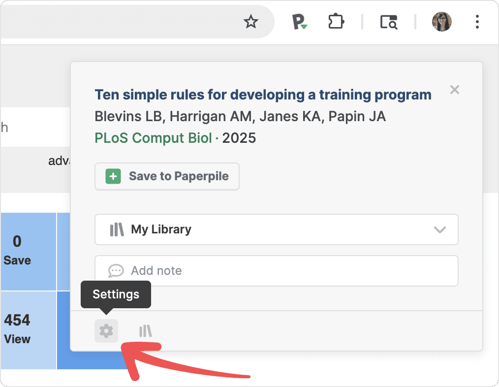 The extension popup on a PLoS Comput Biol article, with a red arrow pointing to the settings gear at the foot of the popup, which shows a “Settings” tooltip.